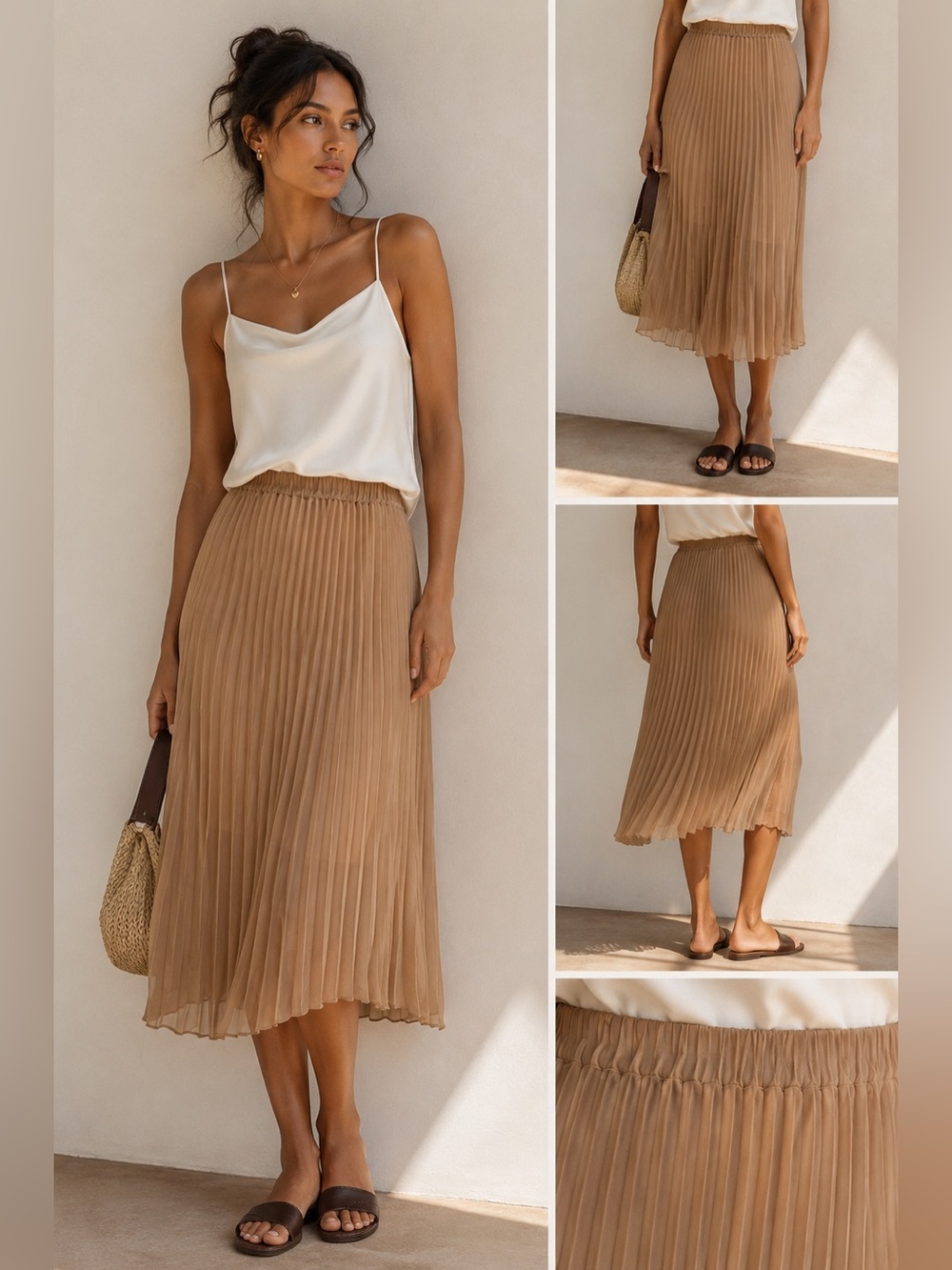 TCEC Pleated Midi Skirt in Camel
